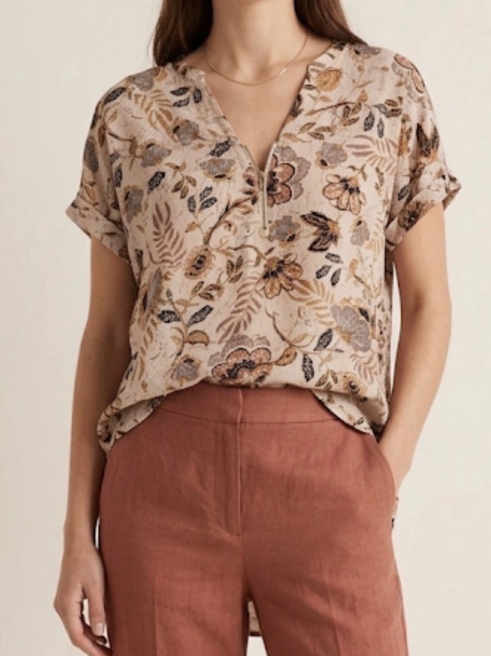 Maurices Beige Floral Short Sleeve Henley Top